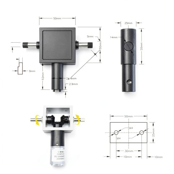 1:1 Right Angle Gearbox Kit with 2 Reverse Rotating Output Shafts, 24V DC Motor Drive 90 Degree Gearbox-4